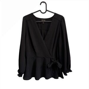 OLM Black Long‎ Sleeve Wrap Blouse Top Peplum Ruffle Cuff Size Large